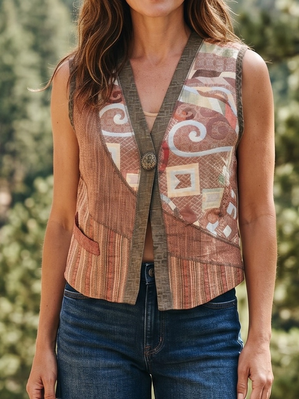 Vintage Linen Patchwork Boho Tank Top Vest Western Rust Tan Small CanvasBacks